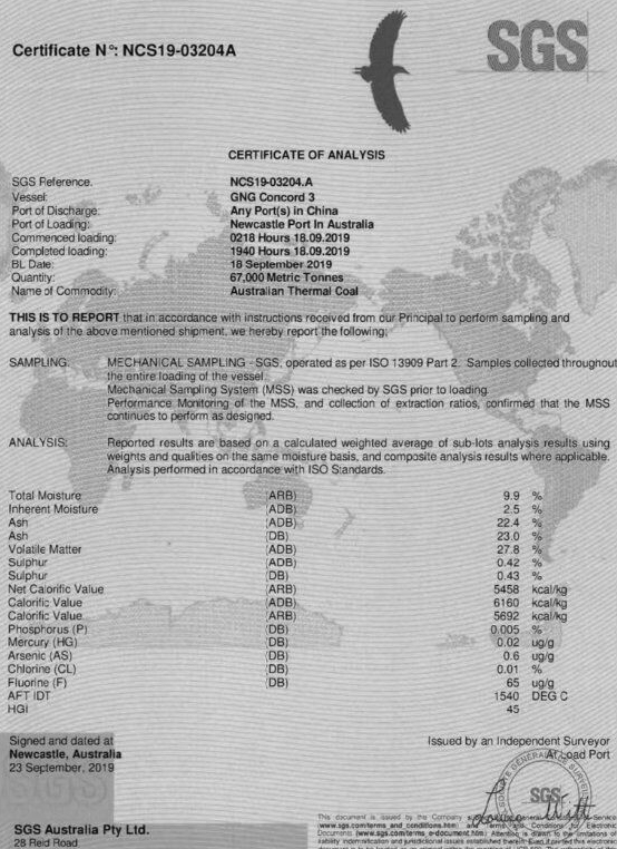 SGS化验5500卡澳大利亚煤炭指标